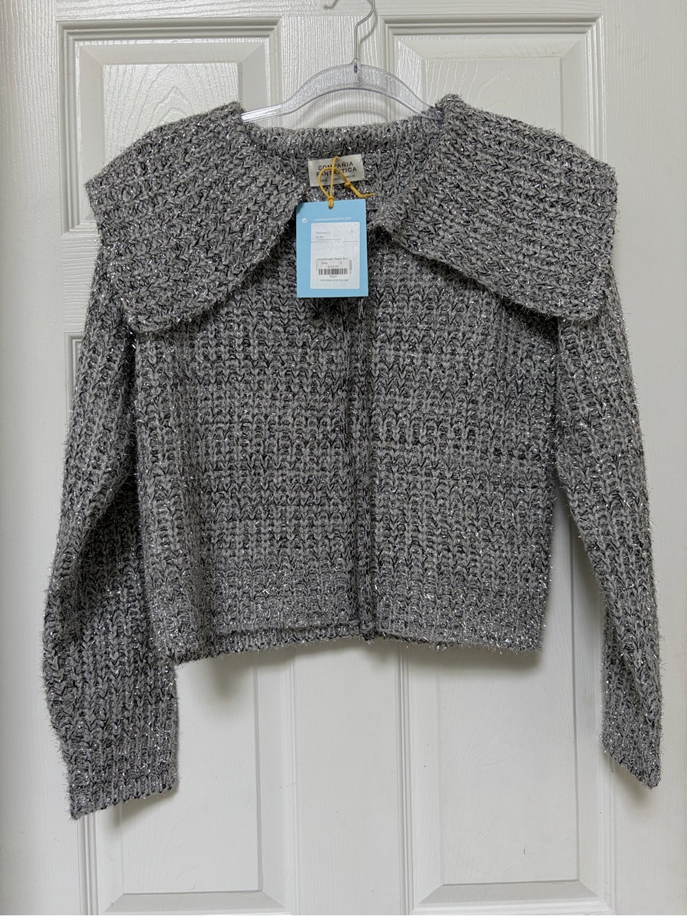 Cropped Gray Chunky Knit Sweater with Wide Peter Pan Collar